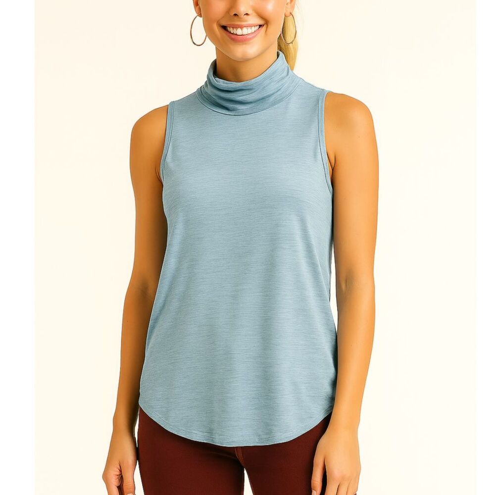 NWT Chaser Gauze Jersey Mock Neck Muscle Tank w/ Raw Edge Hem Light Blue Small